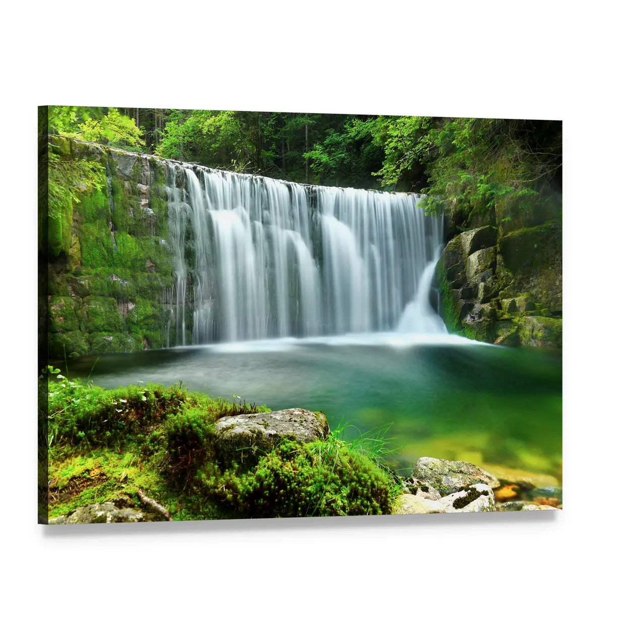 Emerald Lake Forest Waterfall Canvas Wall Art, single panel gallery wrapped canvas, angled product view