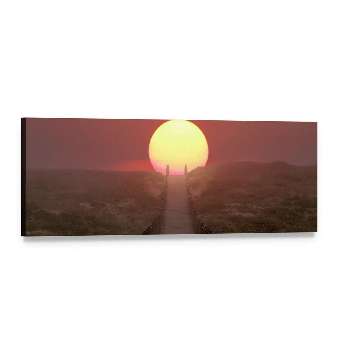 Wooden Boardwalk to Sunlit Horizon Panoramic Canvas Wall Art, single panel gallery wrapped canvas, angled product view
