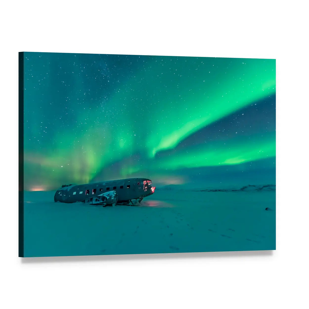Northern Lights Over Plane Wreck Canvas Wall Art, single panel gallery wrapped canvas, angled product view