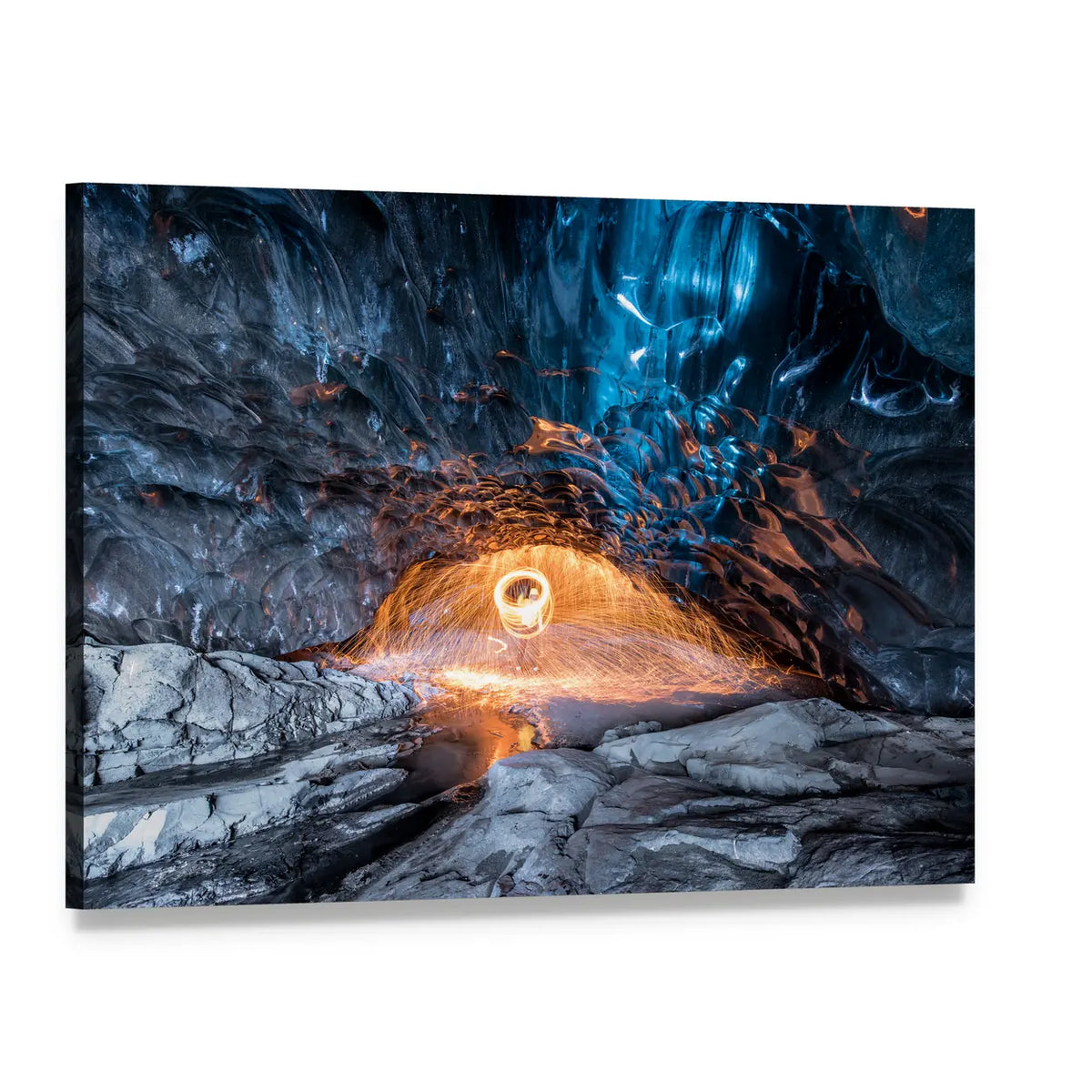 Fire Show in Ice Cave Canvas Wall Art, single panel gallery wrapped canvas, angled product view