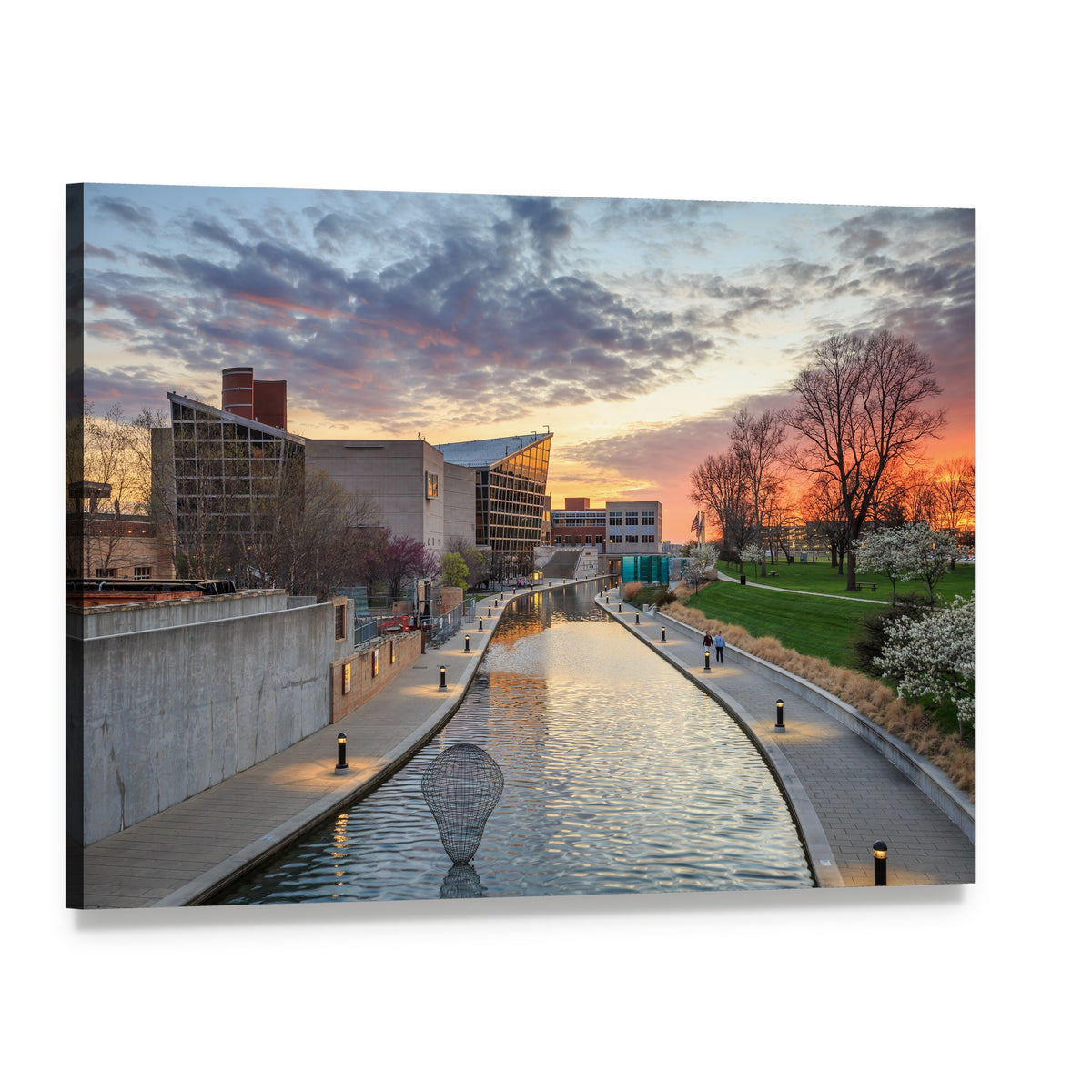 Indiana State Museum Canal with Wire Sculpture Canvas Wall Art, single panel gallery wrapped canvas, angled product view