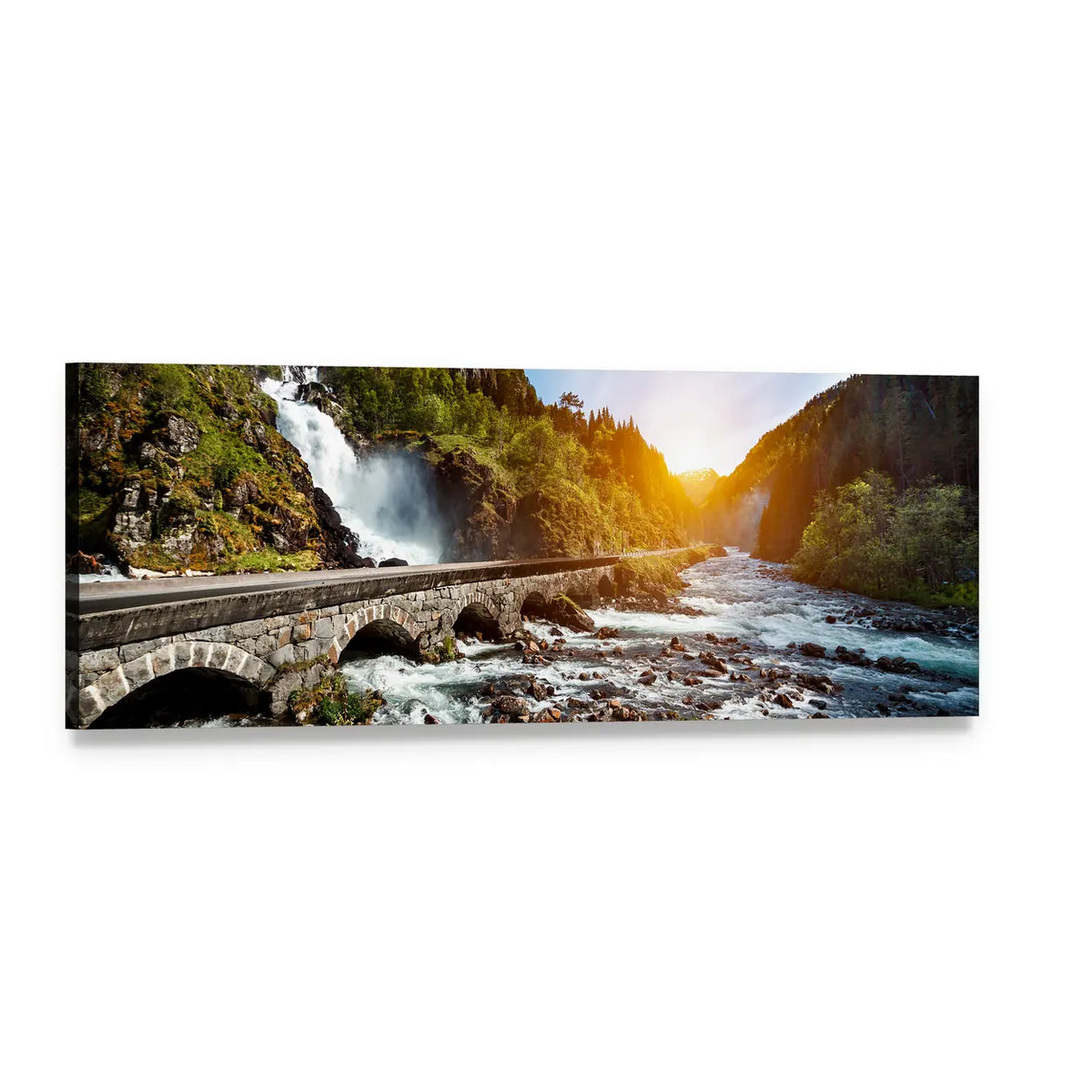 Latefossen Waterfall and Stone Arched Bridge Panoramic Canvas Wall Art, single panel gallery wrapped canvas, angled product view
