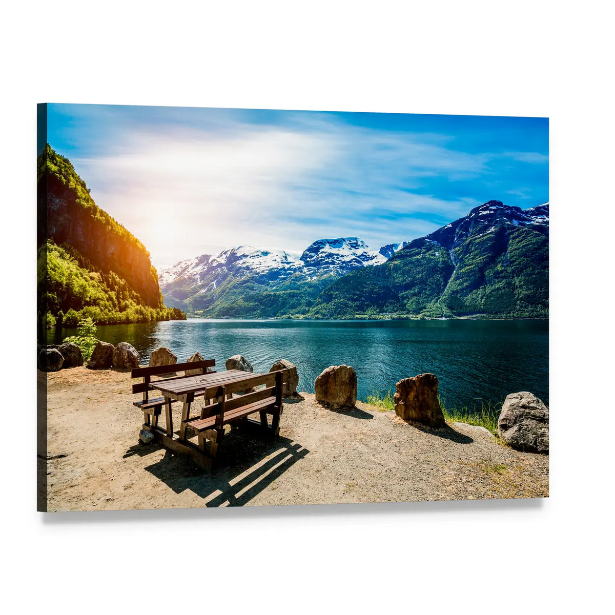 Bench Near Lake Canvas Wall Art, single panel gallery wrapped canvas, angled product view