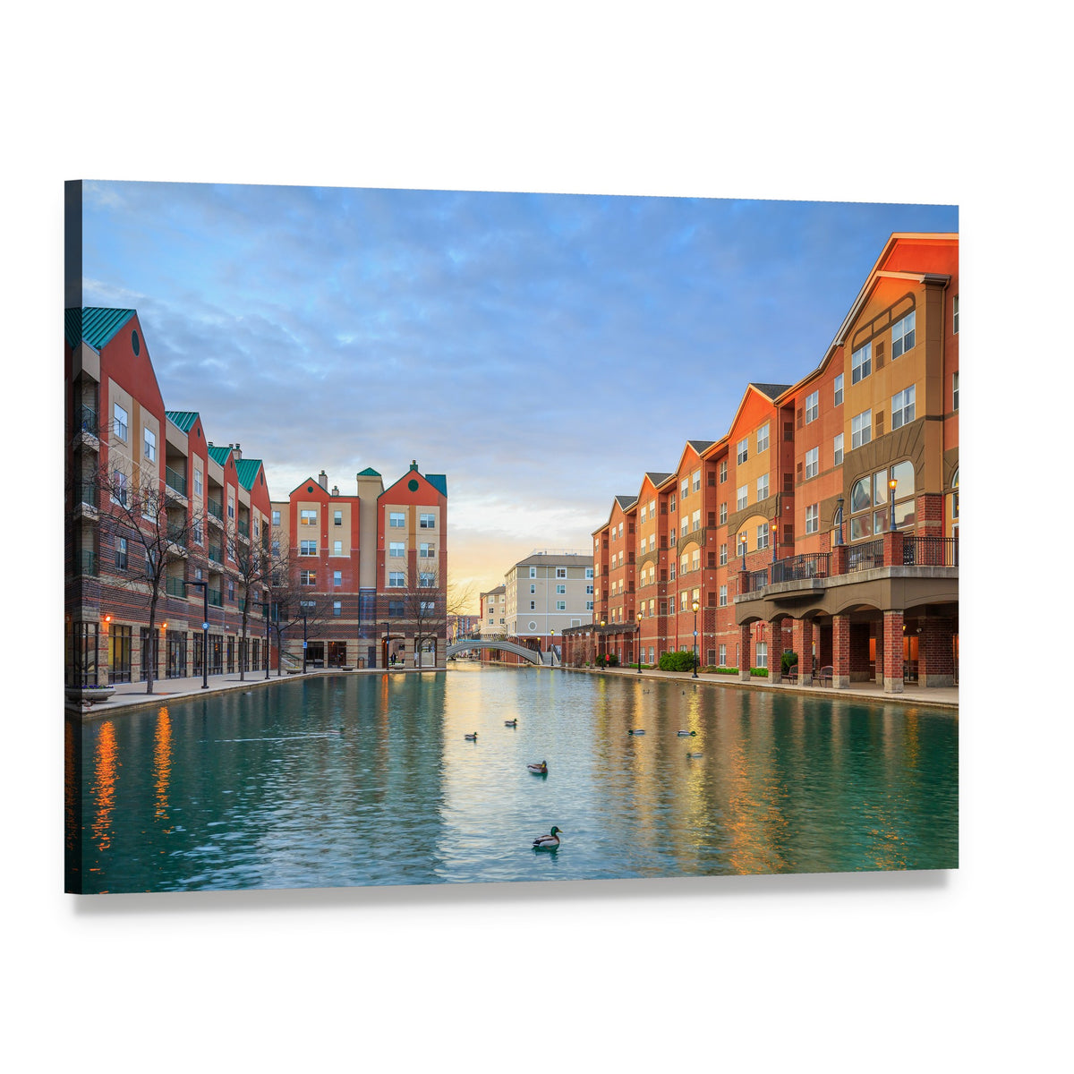 Sunset Canal Cityscape with Ducks Canvas Wall Art, single panel gallery wrapped canvas, angled product view