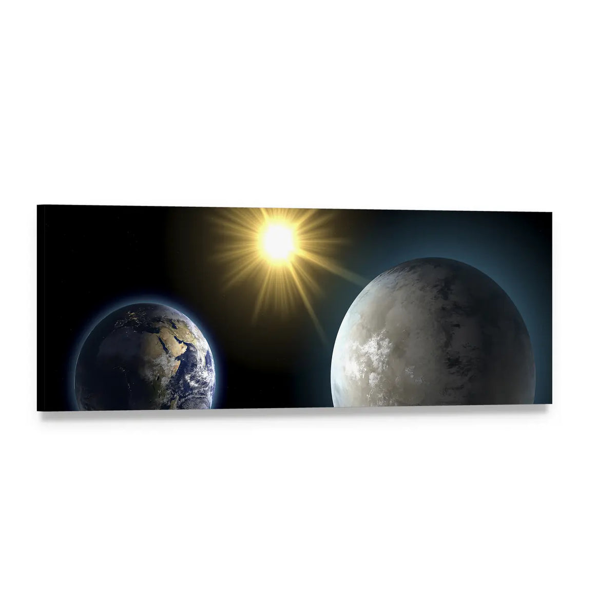 Earth, Moon and Sun Study Panoramic Canvas Wall Art, single panel gallery wrapped canvas, angled product view