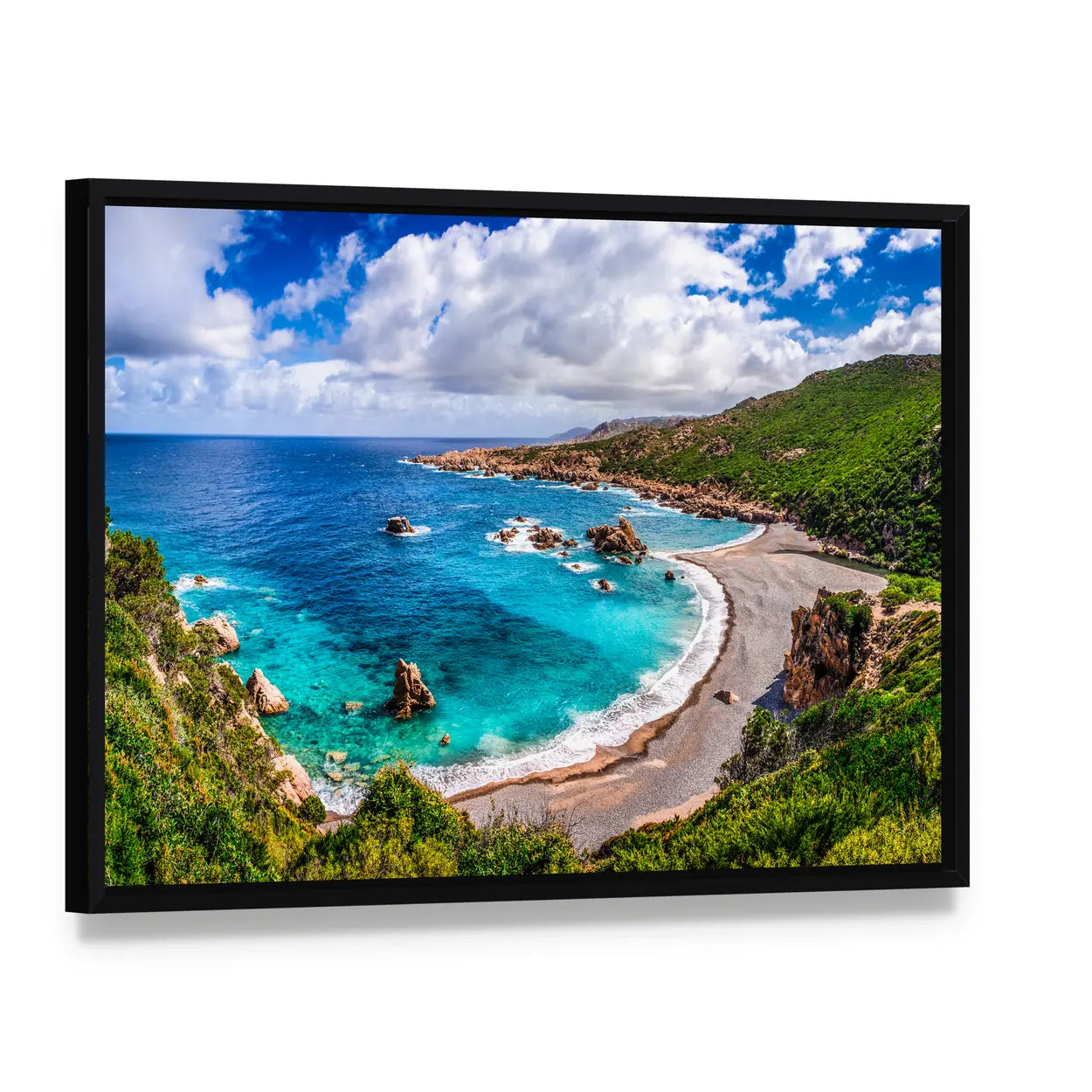 Turquoise Bay at Costa Paradiso, Sardinia Canvas Wall Art, framed canvas in a black floater frame, angled product view