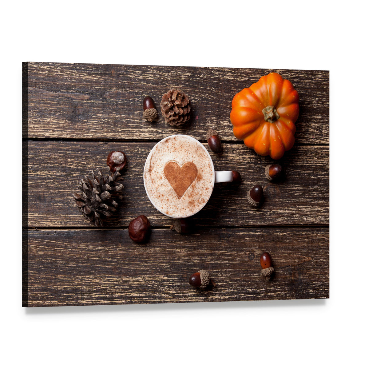 Coffee Cup with Pumpkin Canvas Wall Art, single panel gallery wrapped canvas, angled product view