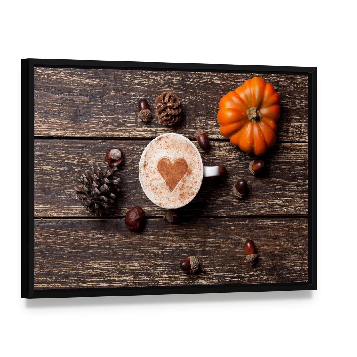 Coffee Cup with Pumpkin Canvas Wall Art, framed canvas in a black floater frame, angled product view