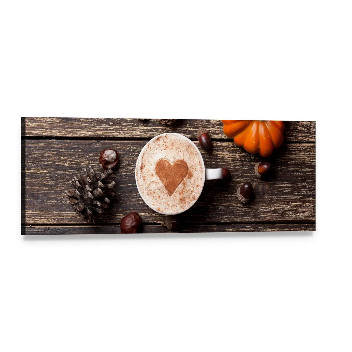Coffee Cup with Pumpkin Panoramic Canvas Wall Art, single panel gallery wrapped canvas, angled product view