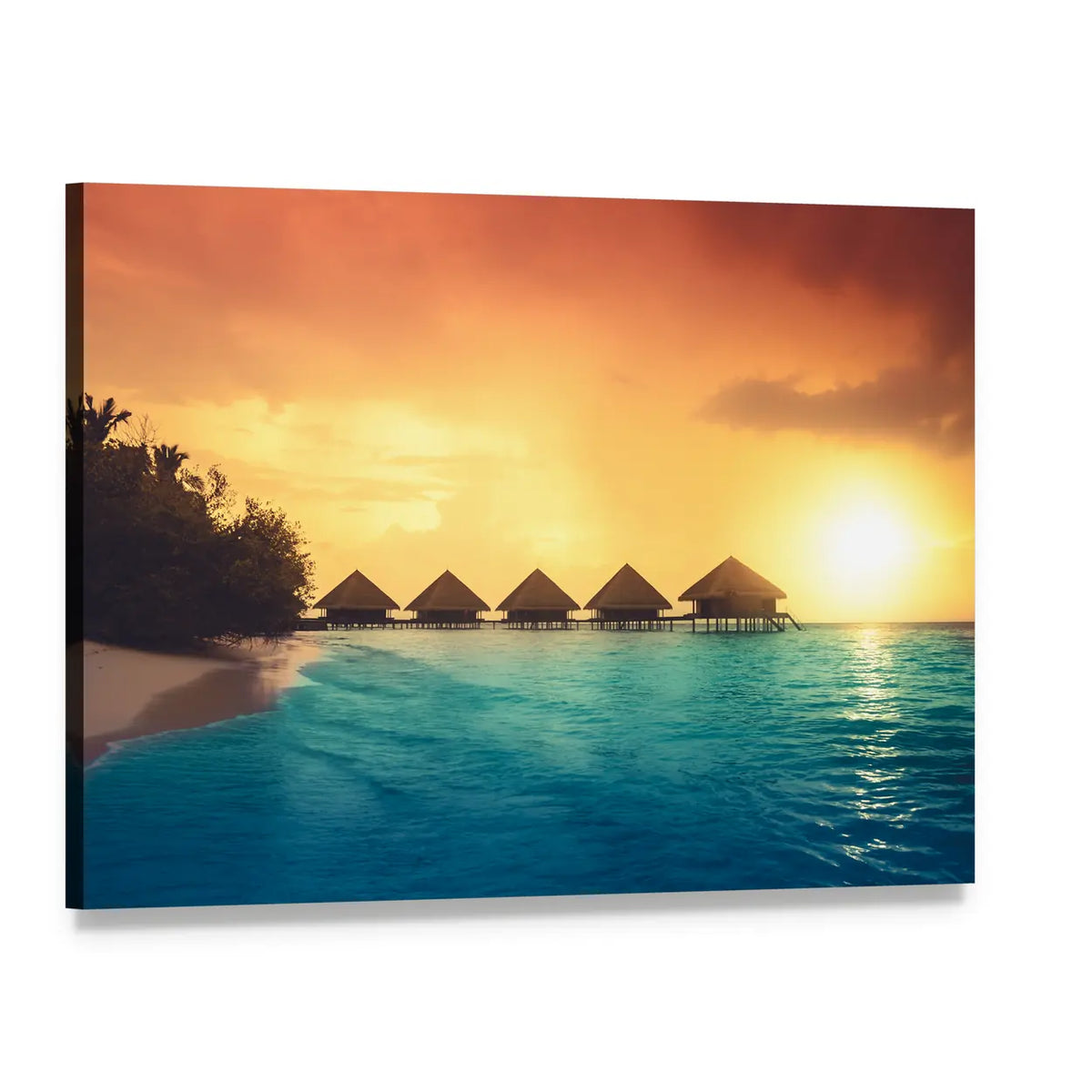 Overwater Bungalows at Sunset Canvas Wall Art, single panel gallery wrapped canvas, angled product view