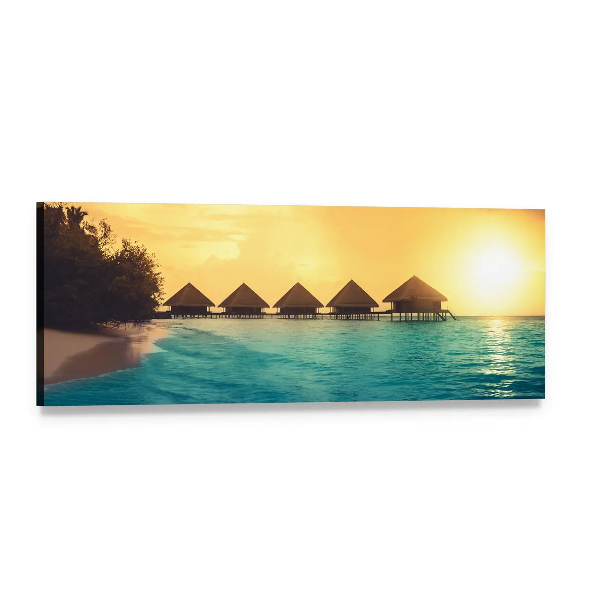 Overwater Bungalows in Maldives at Sunset Panoramic Canvas Wall Art, single panel gallery wrapped canvas, angled product view