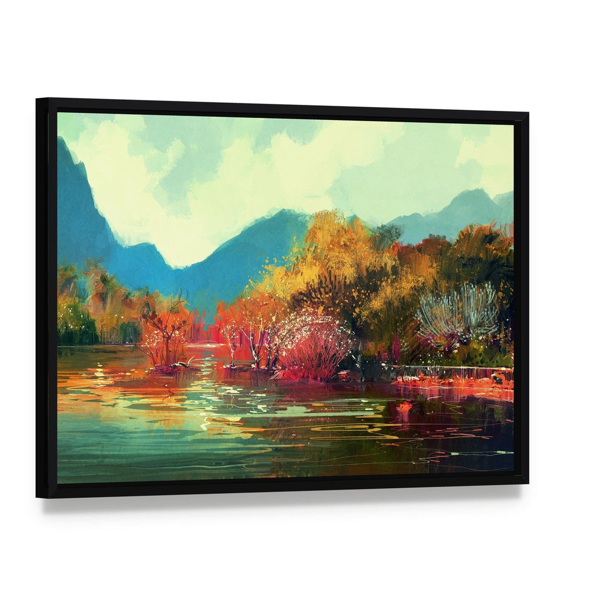 Autumn Forest Illustration Canvas Wall Art, framed canvas in a black floater frame, angled product view