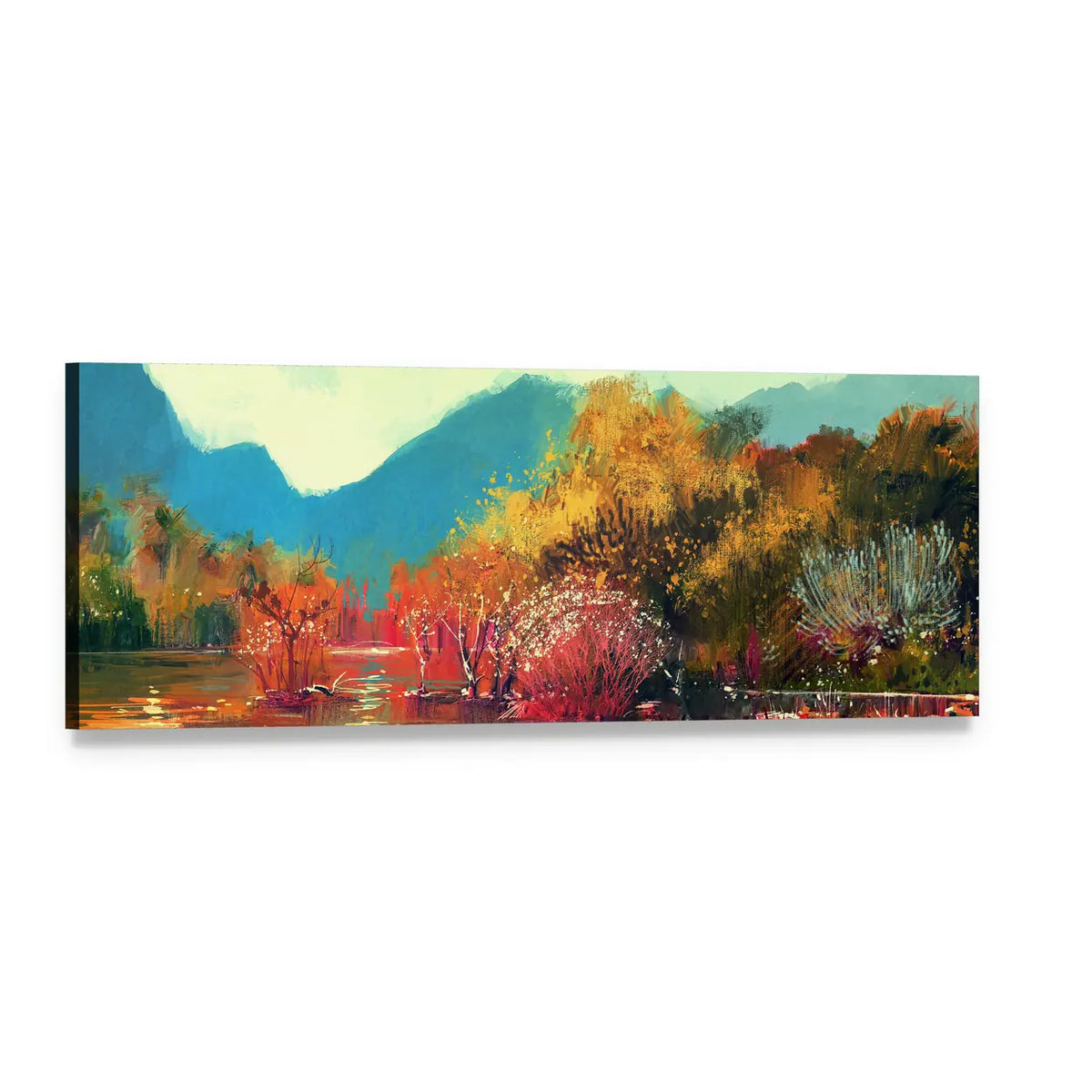 Autumn Forest by Mountain Lake Panoramic Canvas Wall Art, single panel gallery wrapped canvas, angled product view