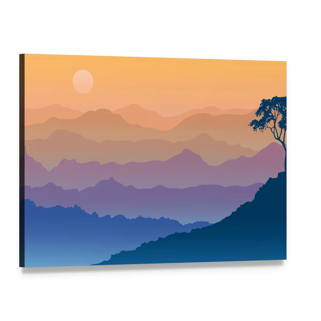 Sunrise Over Layered Mountain Ranges Canvas Wall Art, single panel gallery wrapped canvas, angled product view