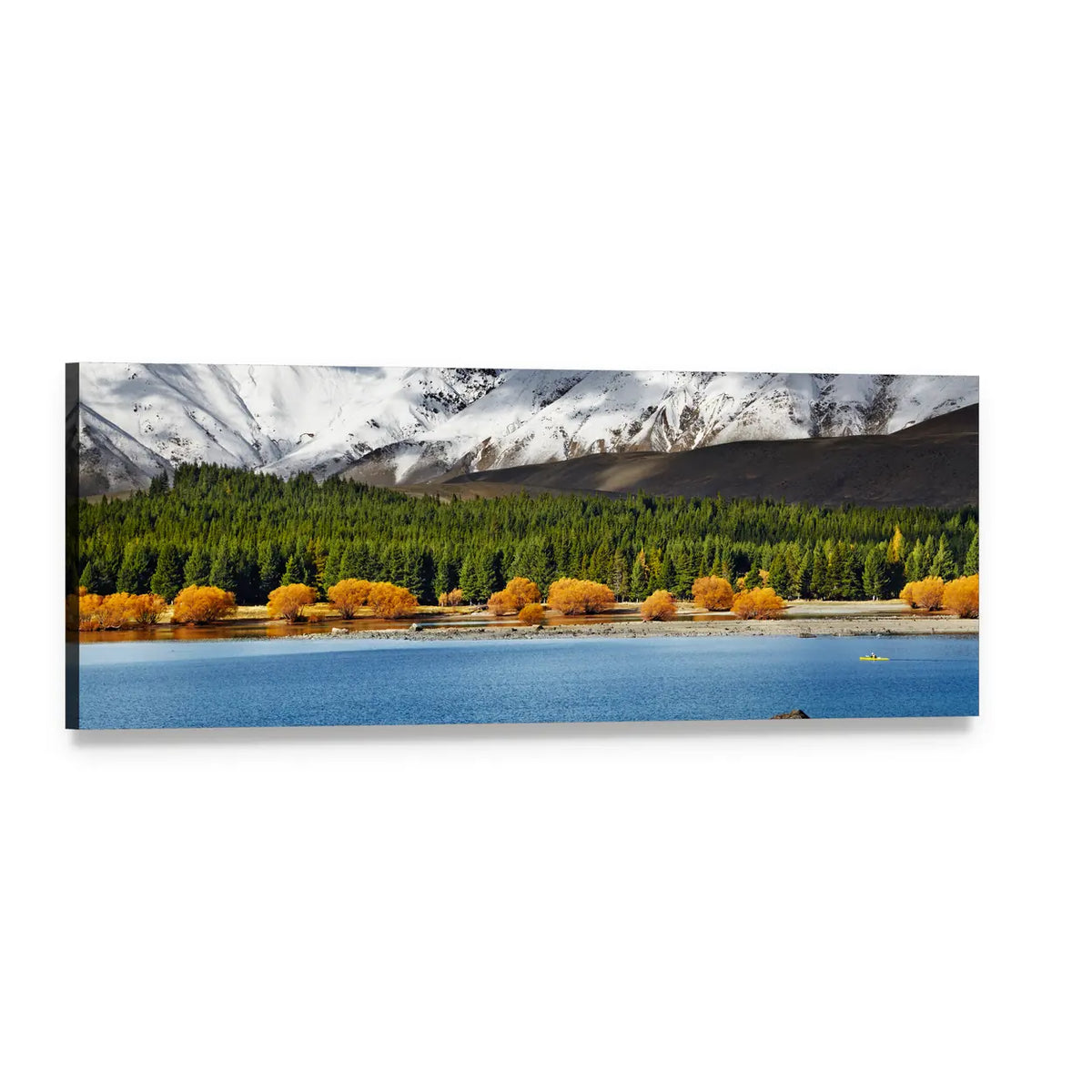 Snow-capped Mountains Over Autumn Lake Panoramic Canvas Wall Art, single panel gallery wrapped canvas, angled product view