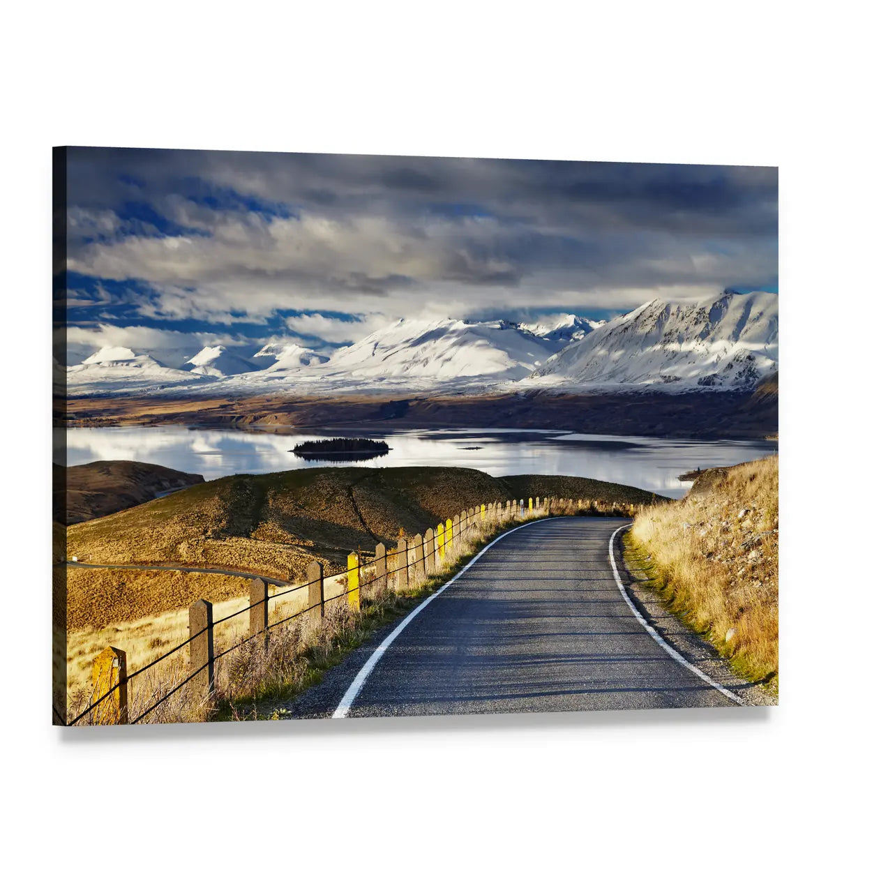 Winding Road to Lake Tekapo Canvas Wall Art, single panel gallery wrapped canvas, angled product view