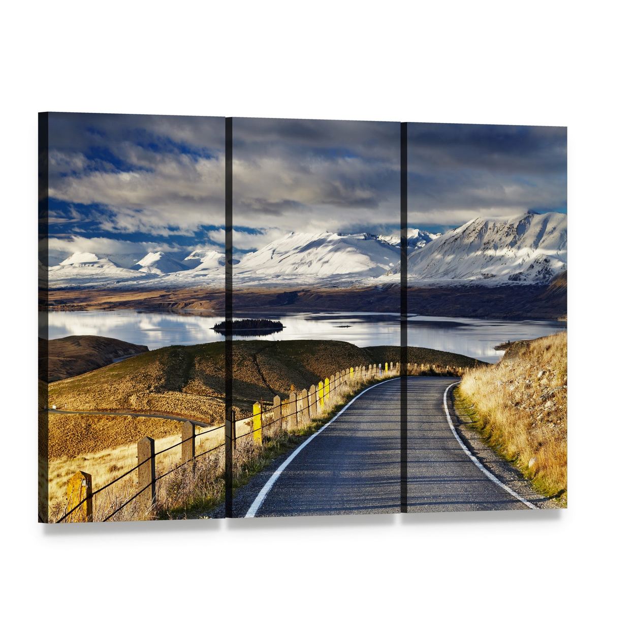 Winding Road Along Mountain Lake Canvas Wall Art, 3 panel 3 Horizontal layout gallery wrapped canvas set, angled product view