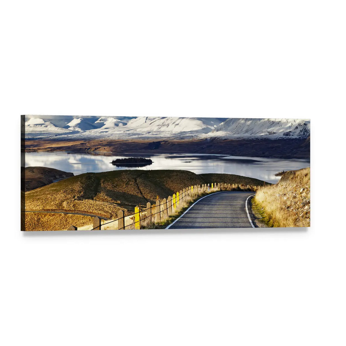 Winding Road Beside Snowy Mountain Lake Panoramic Canvas Wall Art, single panel gallery wrapped canvas, angled product view