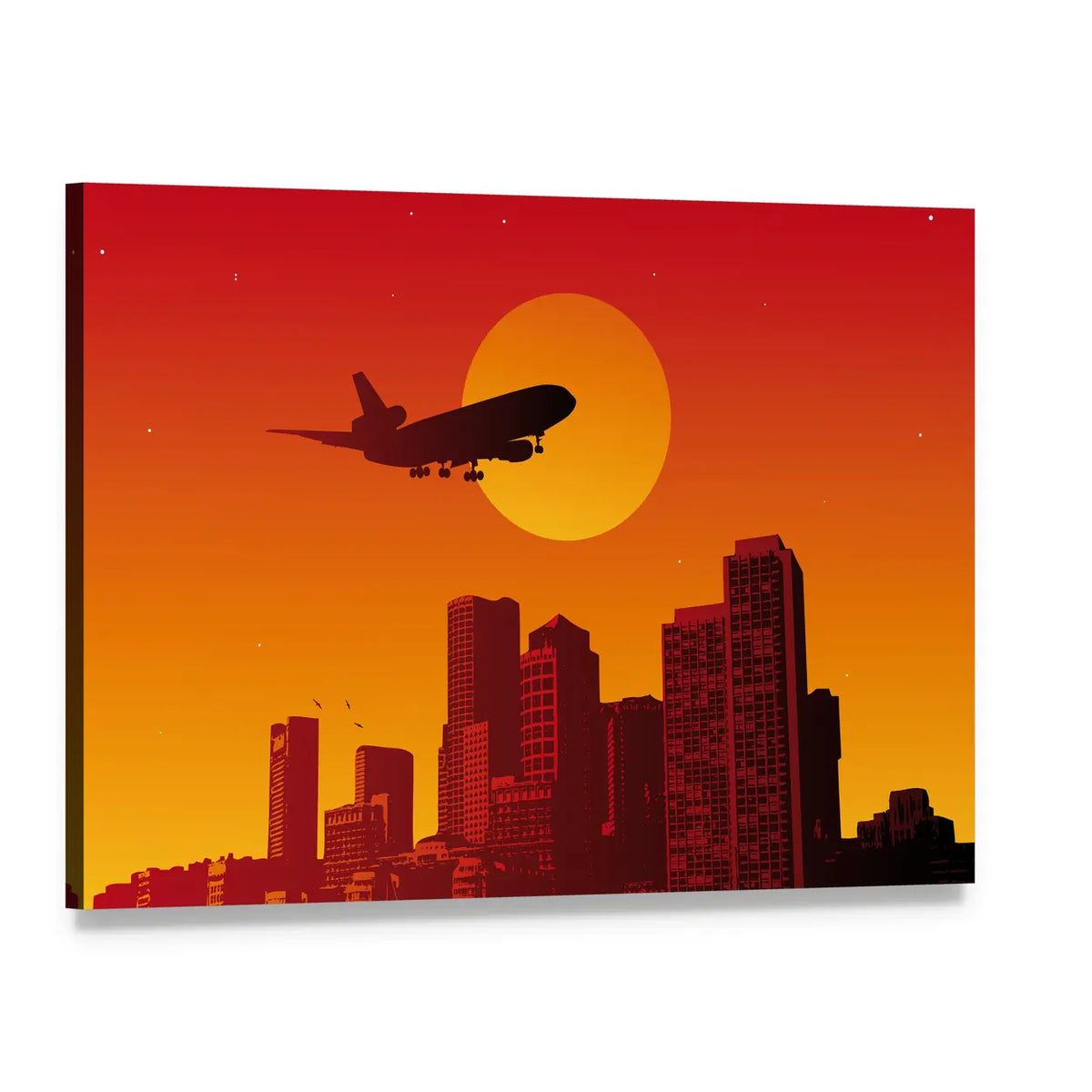 Airplane with Landing Gear Over Sunset City Canvas Wall Art, single panel gallery wrapped canvas, angled product view