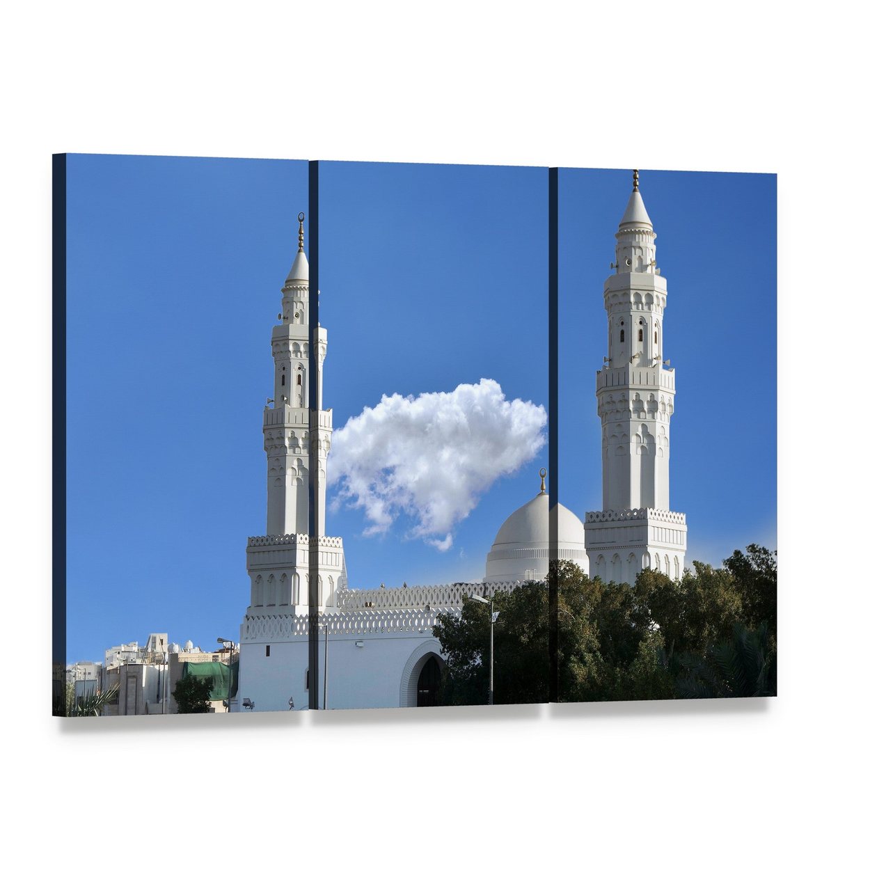 Qiblatain Mosque in Medinah Canvas Wall Art, 3 panel 3 Horizontal layout gallery wrapped canvas set, angled product view
