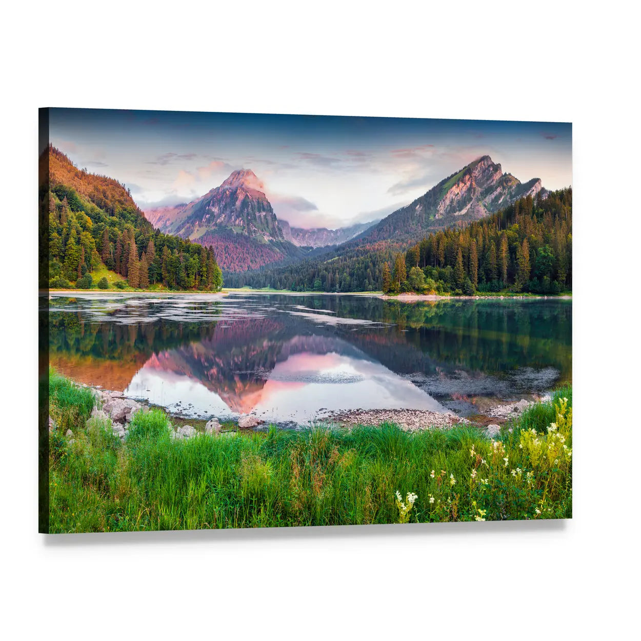 Alpine Lake with Mountain Reflection Canvas Wall Art, single panel gallery wrapped canvas, angled product view