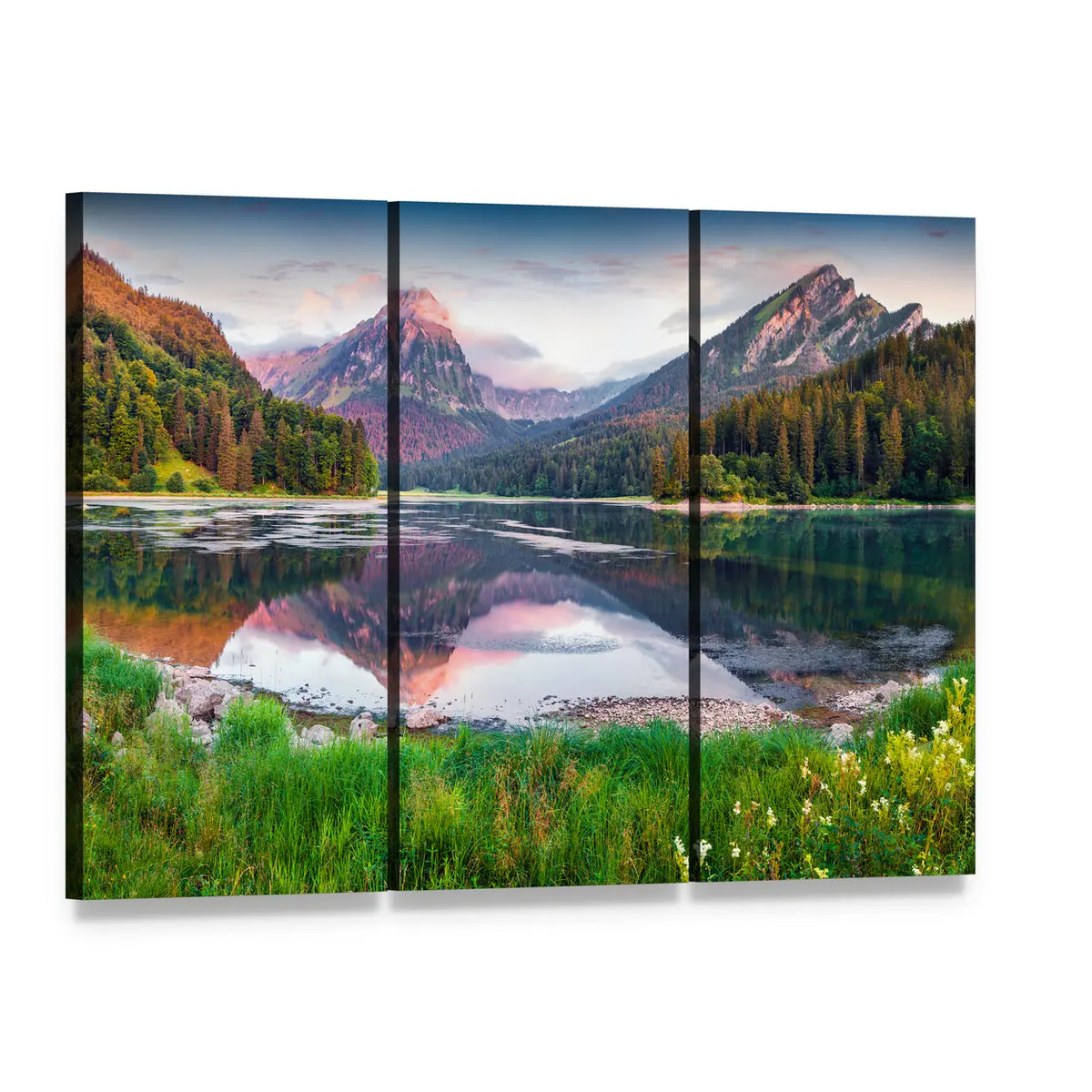 Mountain Lake Reflection with Green Foreground Canvas Wall Art, 3 panel 3 Horizontal layout gallery wrapped canvas set, angled product view