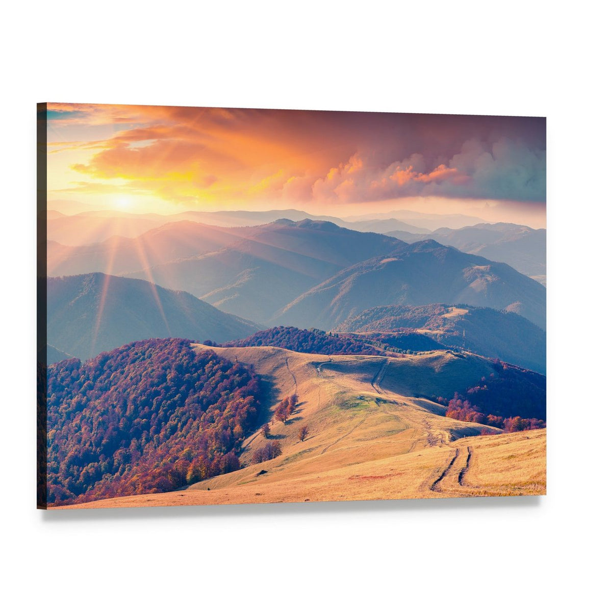 Sunrise in the Carpathian Mountains Canvas Wall Art, single panel gallery wrapped canvas, angled product view