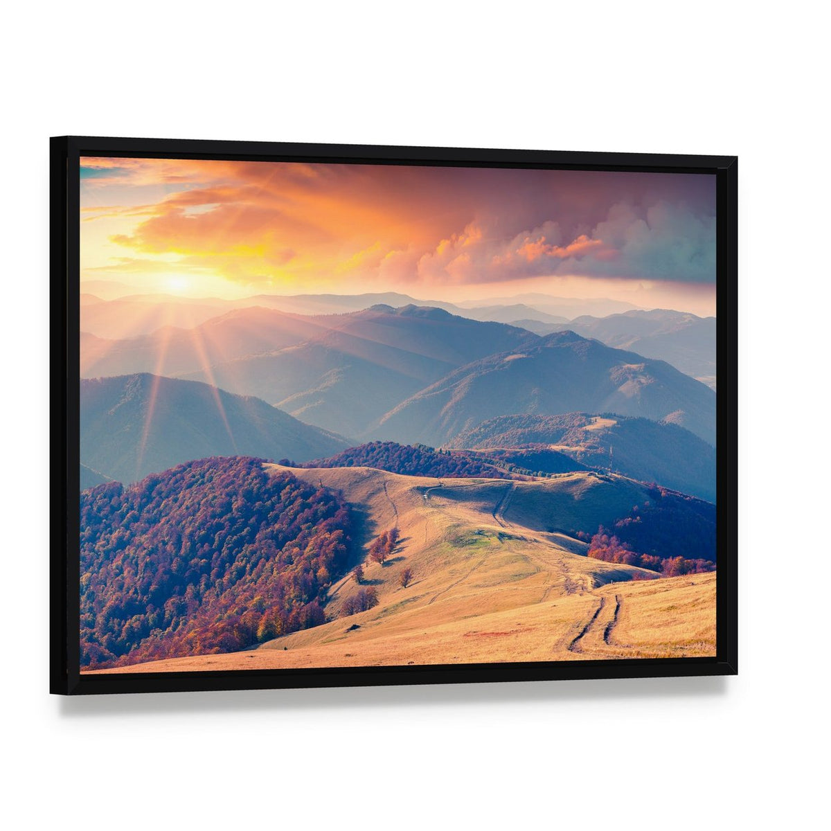 Sunrise in the Carpathian Mountains Canvas Wall Art, framed canvas in a black floater frame, angled product view