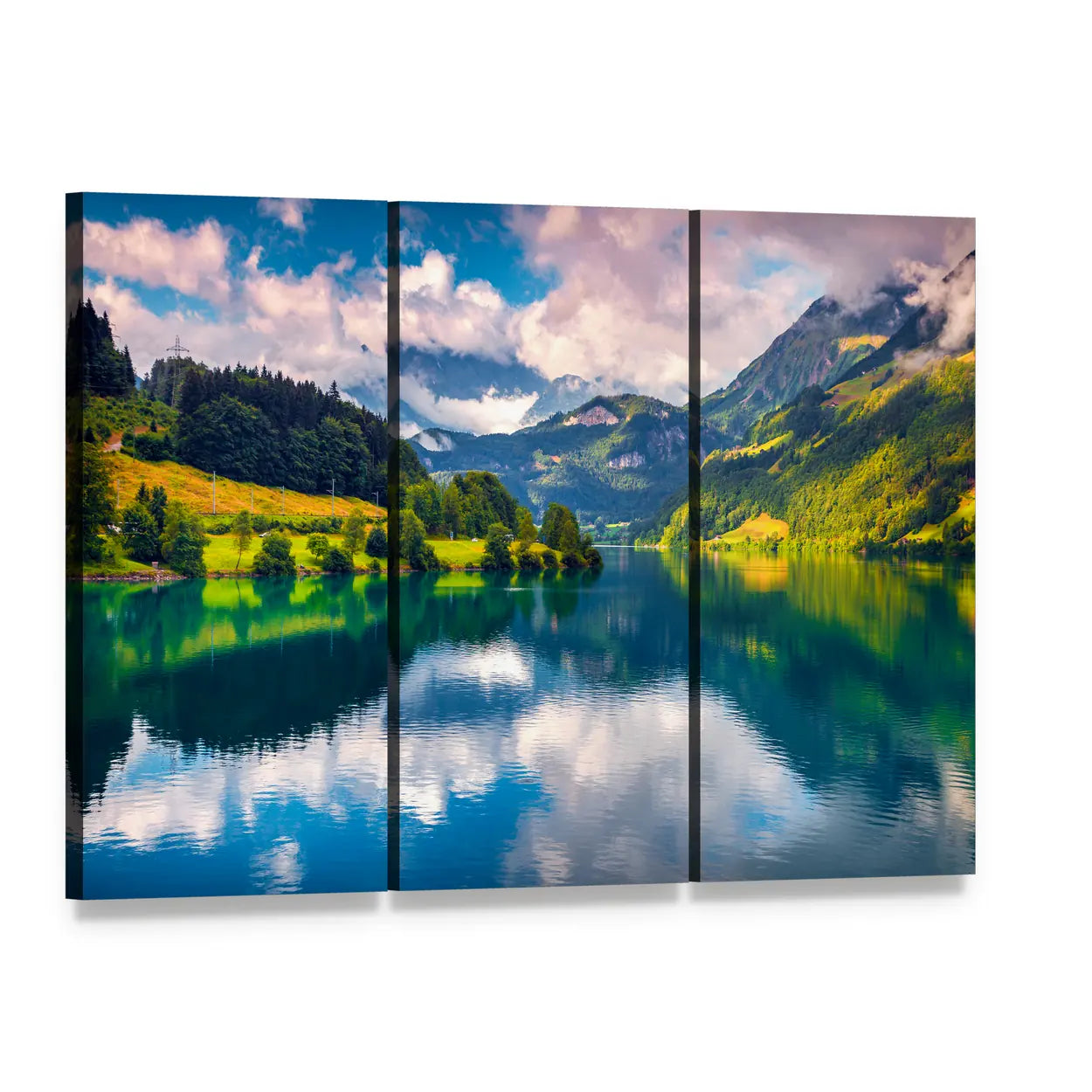 Summer Morning at Mountain Lake Canvas Wall Art, 3 panel 3 Horizontal layout gallery wrapped canvas set, angled product view