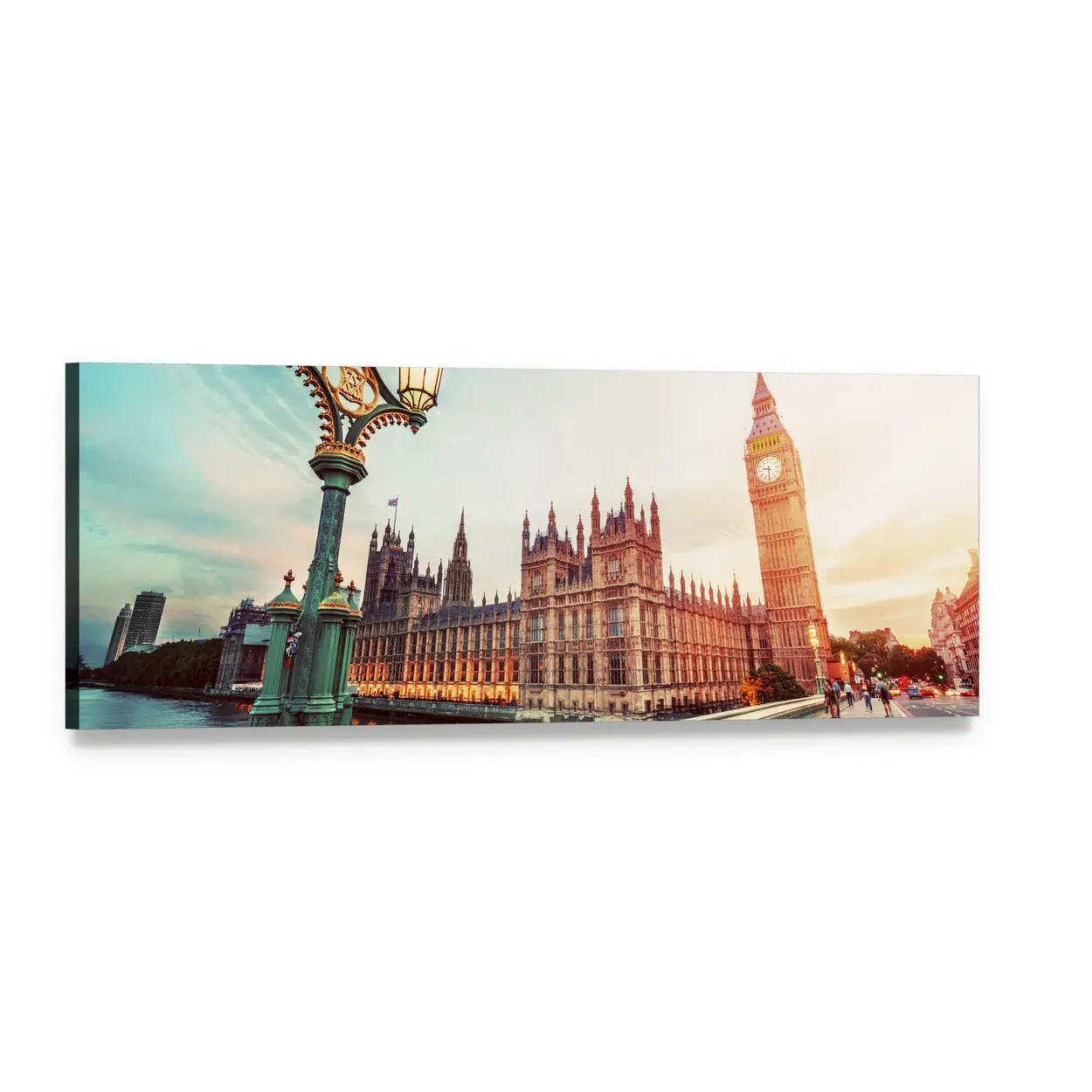 Big Ben at Sunset Panoramic Canvas Wall Art, single panel gallery wrapped canvas, angled product view