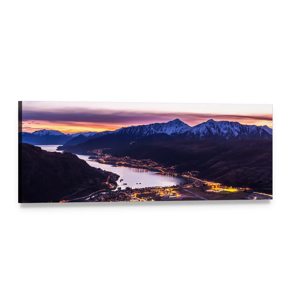 Lake with Snow-capped Mountains at Twilight Panoramic Canvas Wall Art, single panel gallery wrapped canvas, angled product view