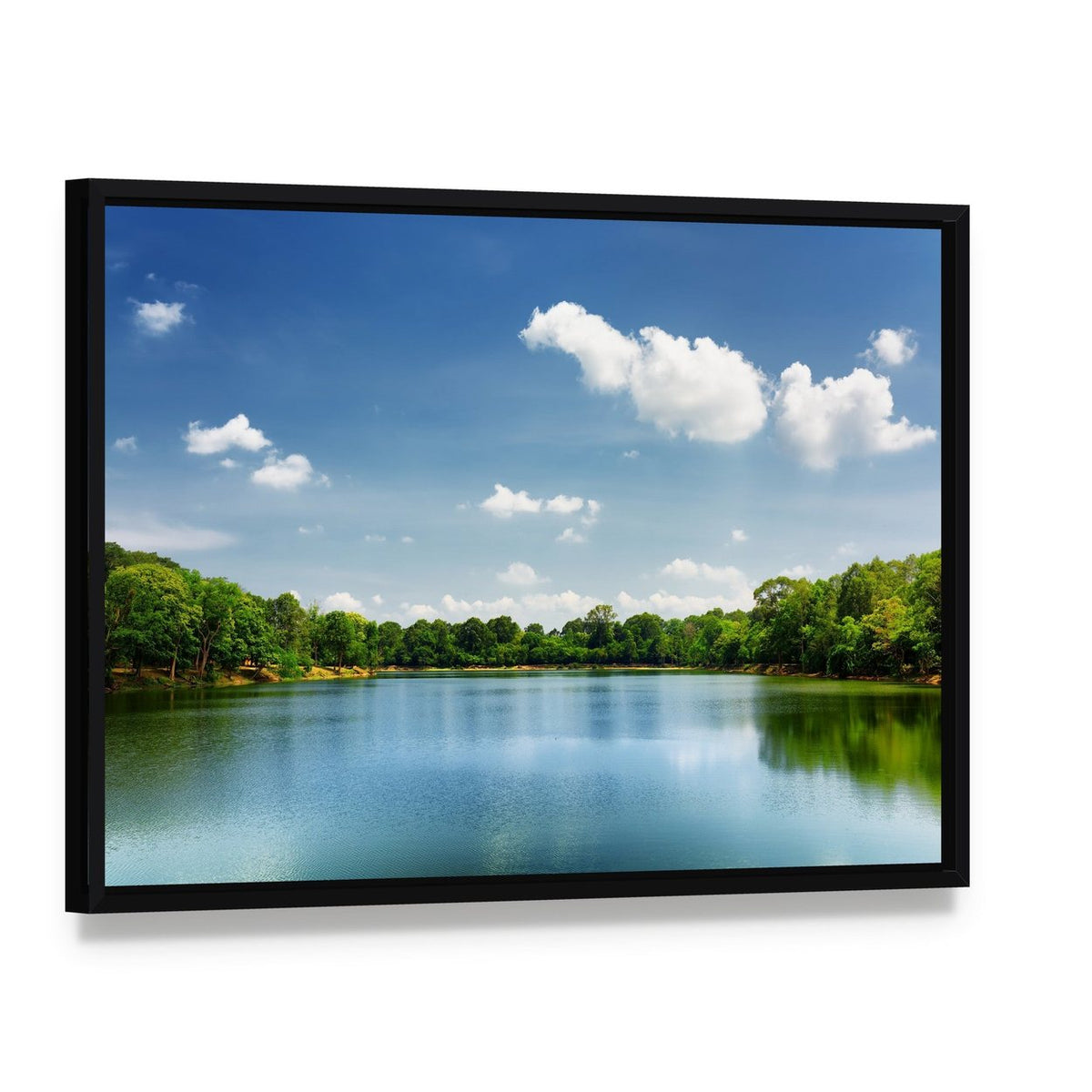 Lake Nestled Among Rain Forest in Cambodia Canvas Wall Art, framed canvas in a black floater frame, angled product view