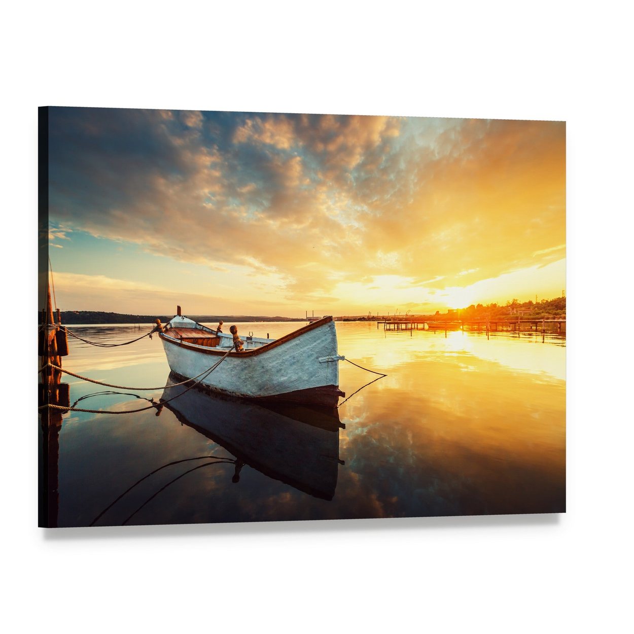 Boat on Lake at Sunset Canvas Wall Art, single panel gallery wrapped canvas, angled product view