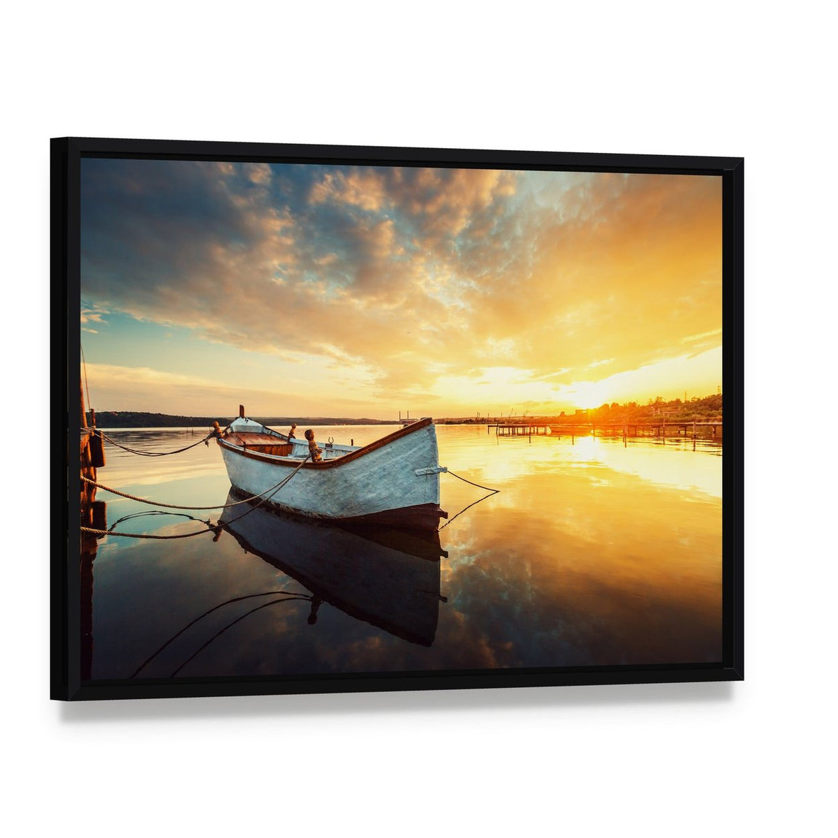 Boat on Lake at Sunset Canvas Wall Art, framed canvas in a black floater frame, angled product view