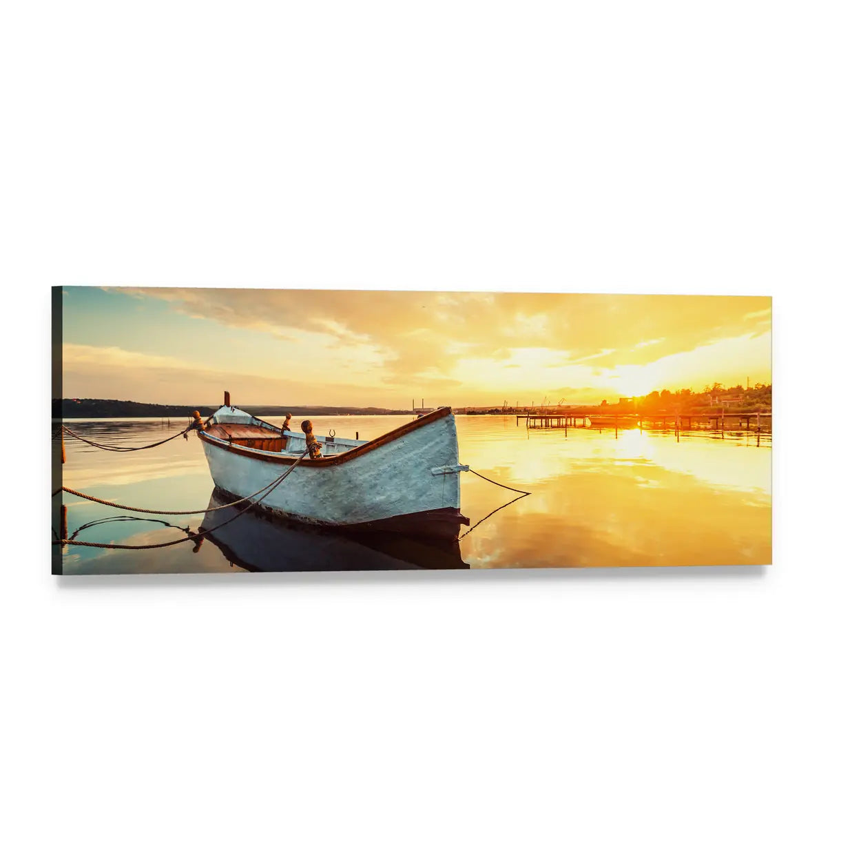 Rowboat on Lake at Sunset Panoramic Canvas Wall Art, single panel gallery wrapped canvas, angled product view