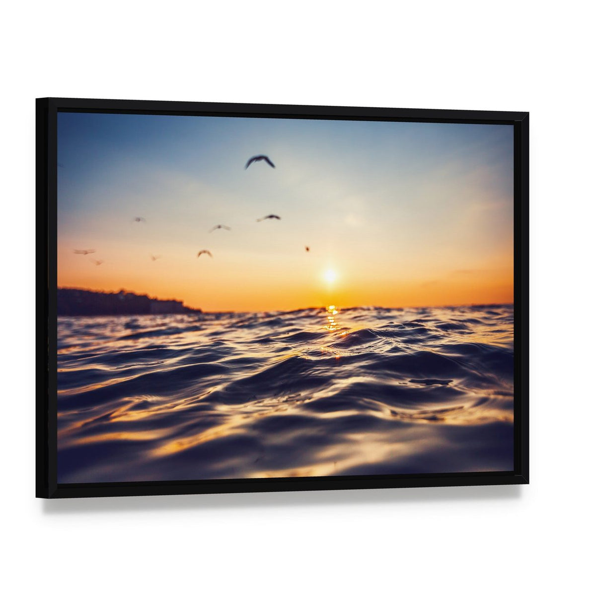 Sunrise Light Shining on Ocean Waves Canvas Wall Art, framed canvas in a black floater frame, angled product view