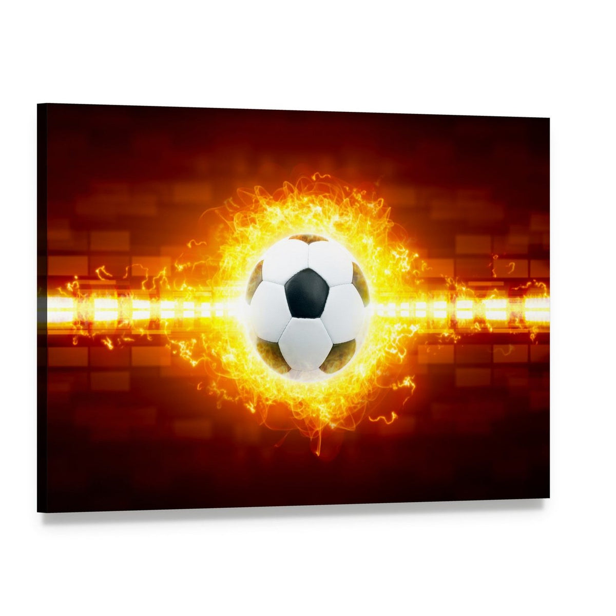 Soccer Ball in Fire Canvas Wall Art, single panel gallery wrapped canvas, angled product view