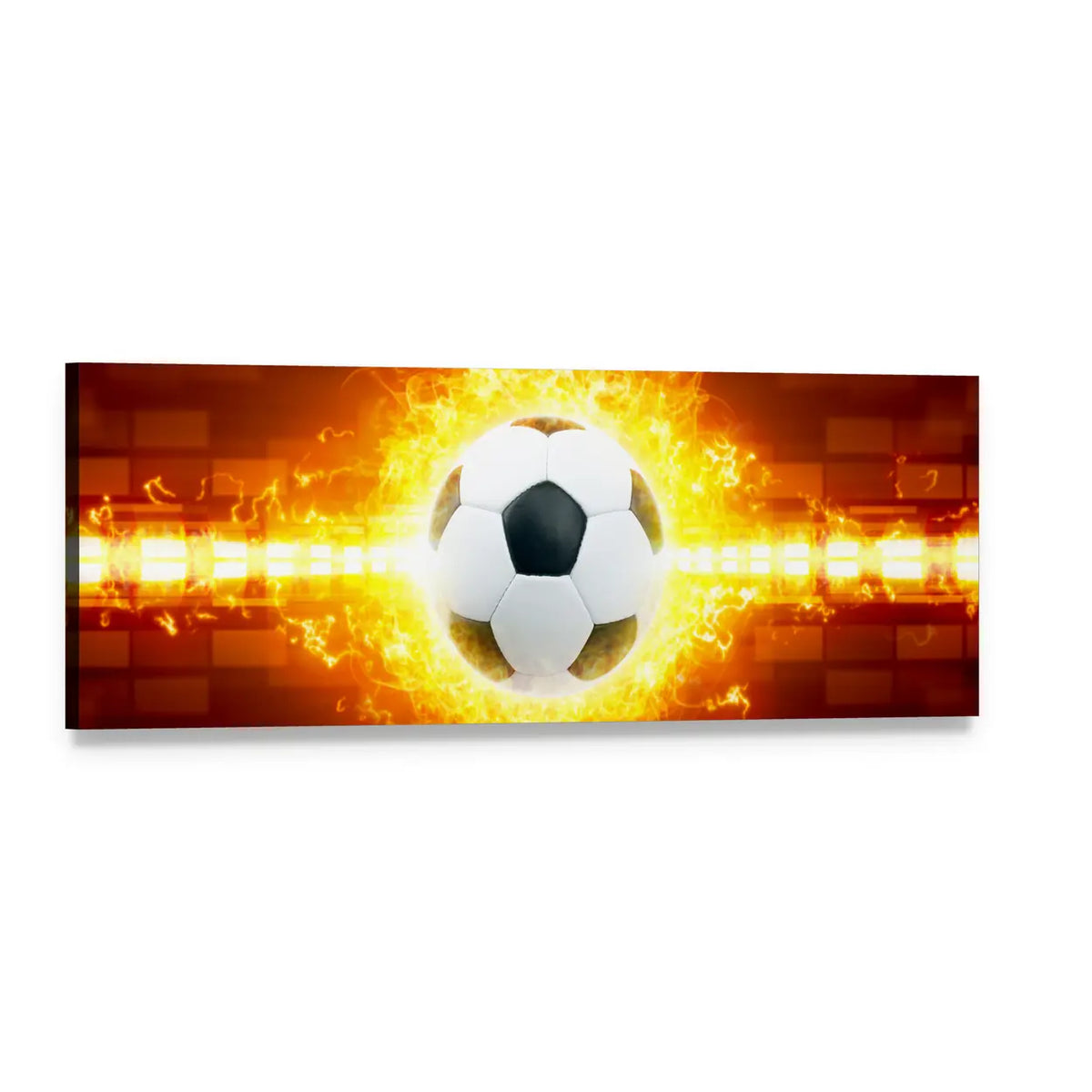 Soccer Ball Surrounded by Flames Panoramic Canvas Wall Art, single panel gallery wrapped canvas, angled product view