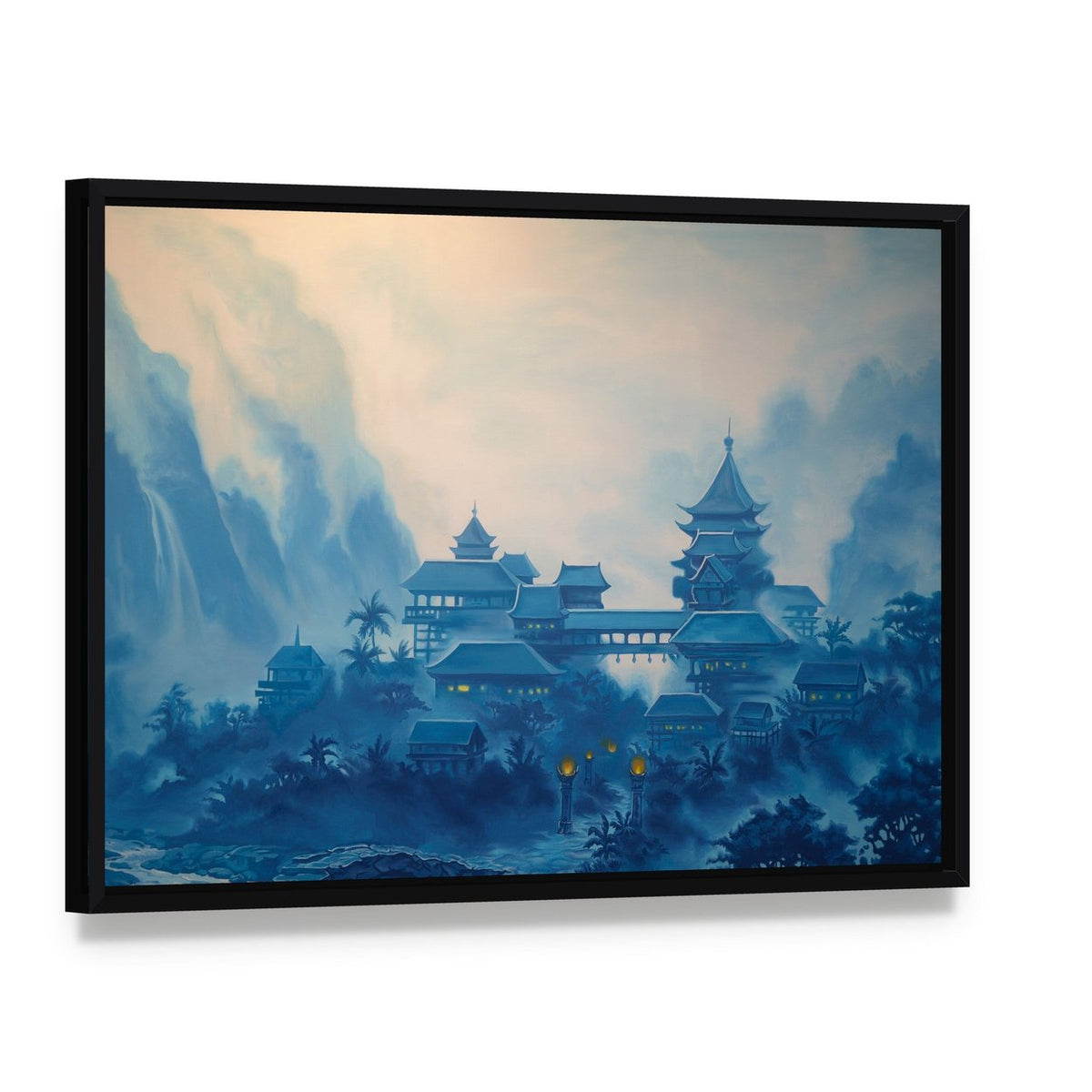 Classical Chinese Landscape Canvas Wall Art, framed canvas in a black floater frame, angled product view