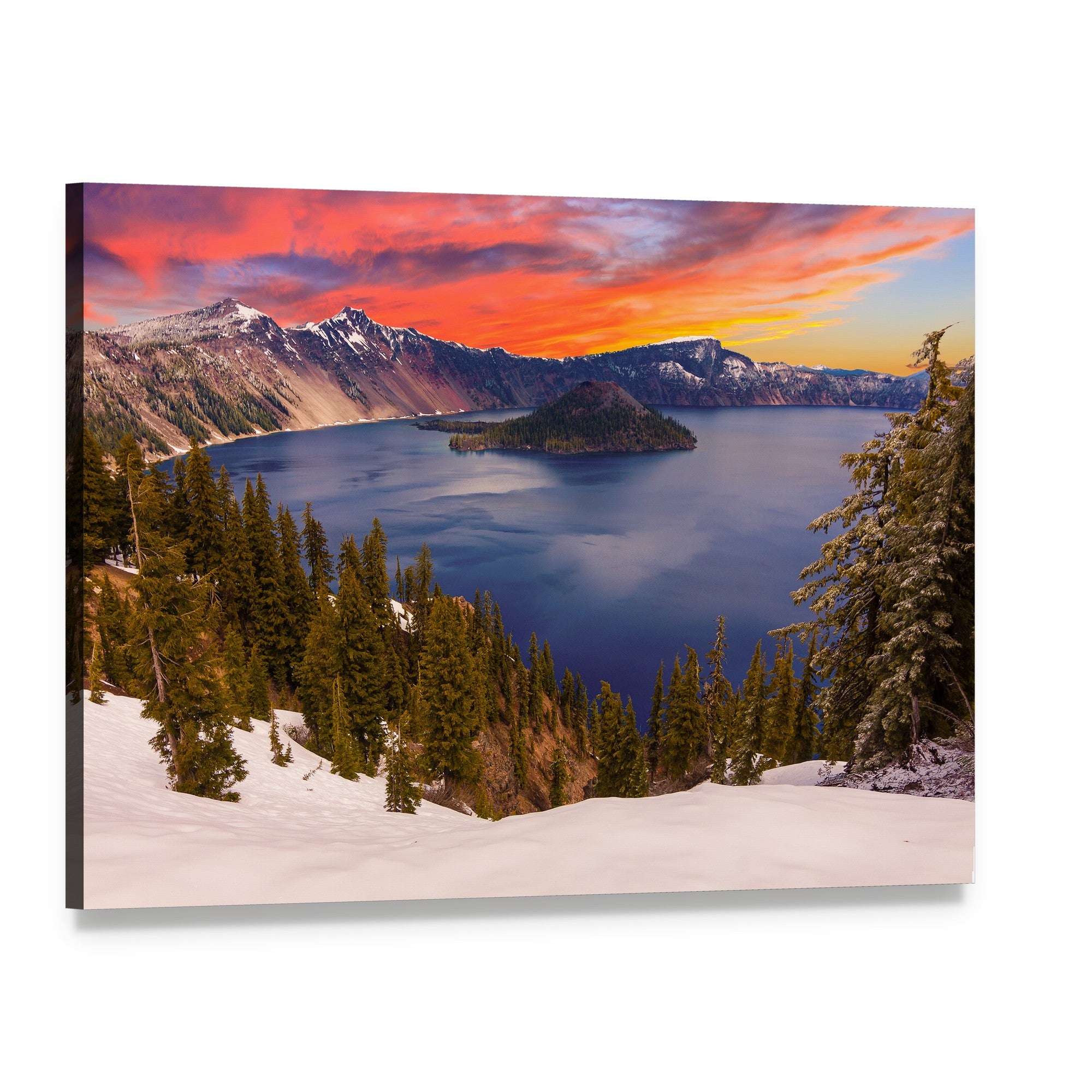Crater Lake at Sunset Canvas Wall Art, single panel gallery wrapped canvas, angled product view