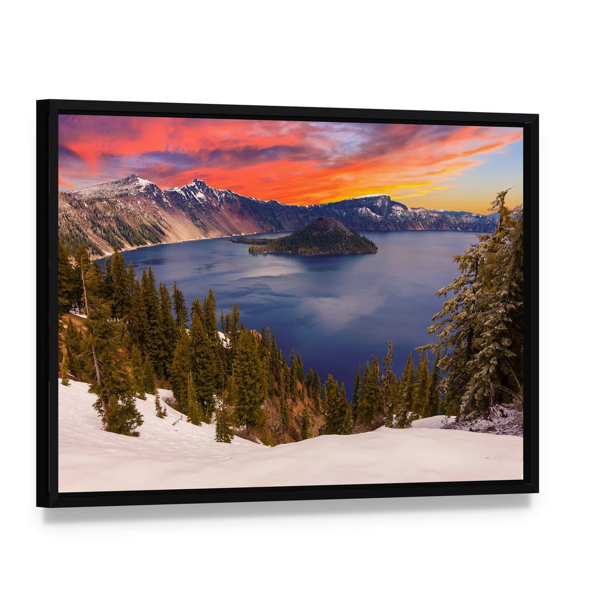 Crater Lake at Sunset Canvas Wall Art, framed canvas in a black floater frame, angled product view