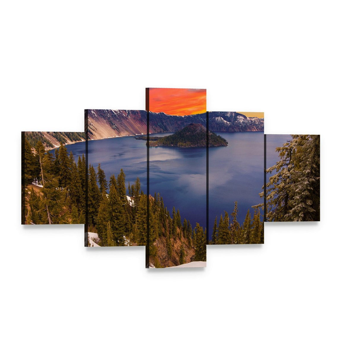 Crater Lake at Sunset Canvas Wall Art, 5 panel 5 Star layout gallery wrapped canvas set, angled product view