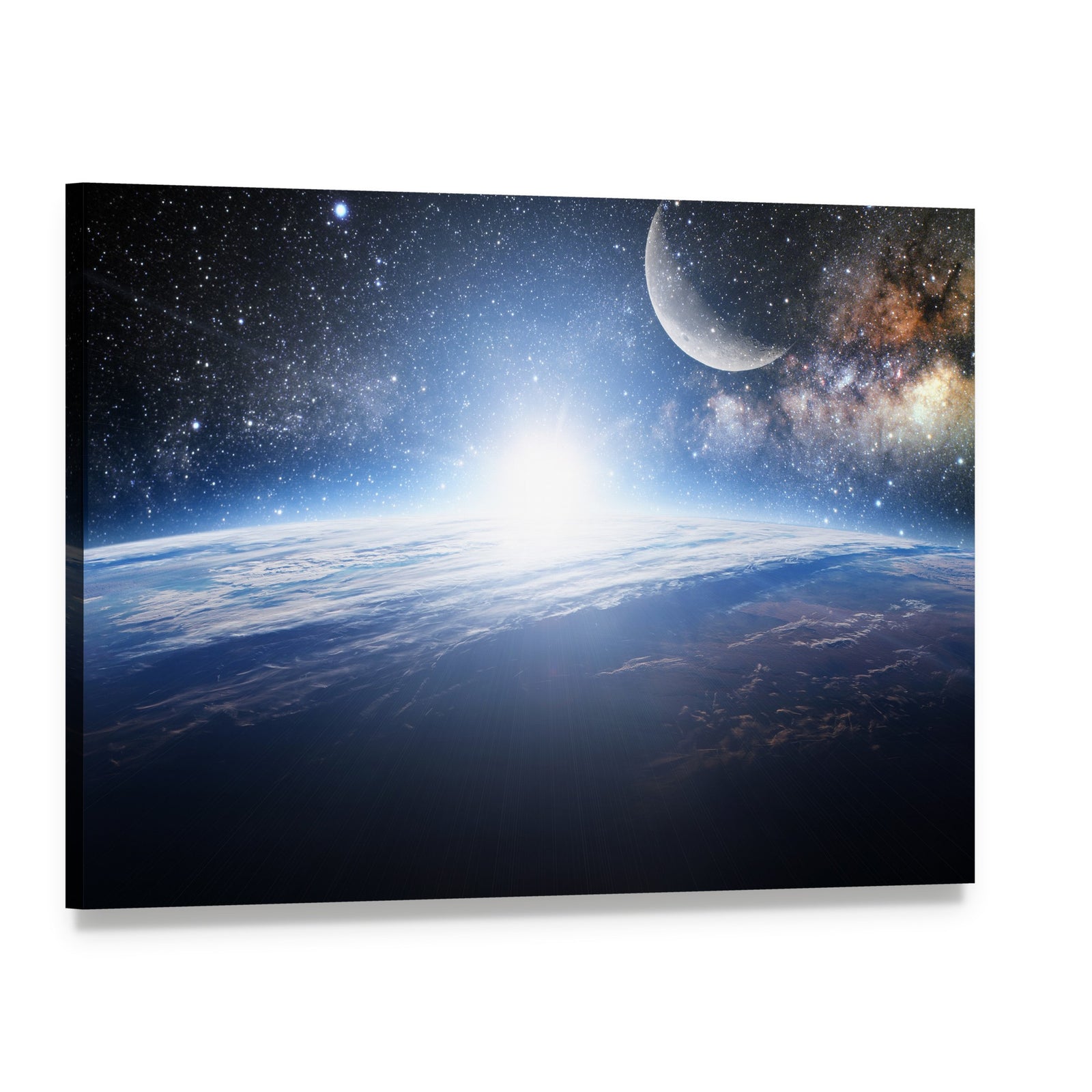 Sunrise Over Earth with Moon and Galaxy Canvas Wall Art, single panel gallery wrapped canvas, angled product view