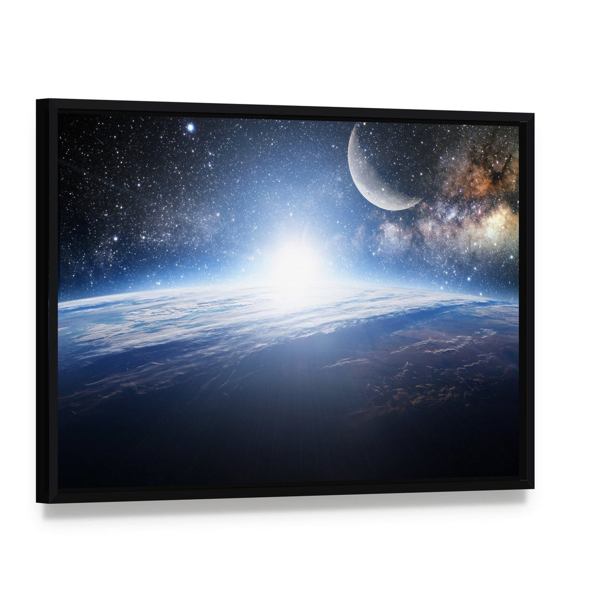Sunrise Over Earth with Moon and Galaxy Canvas Wall Art, framed canvas in a black floater frame, angled product view
