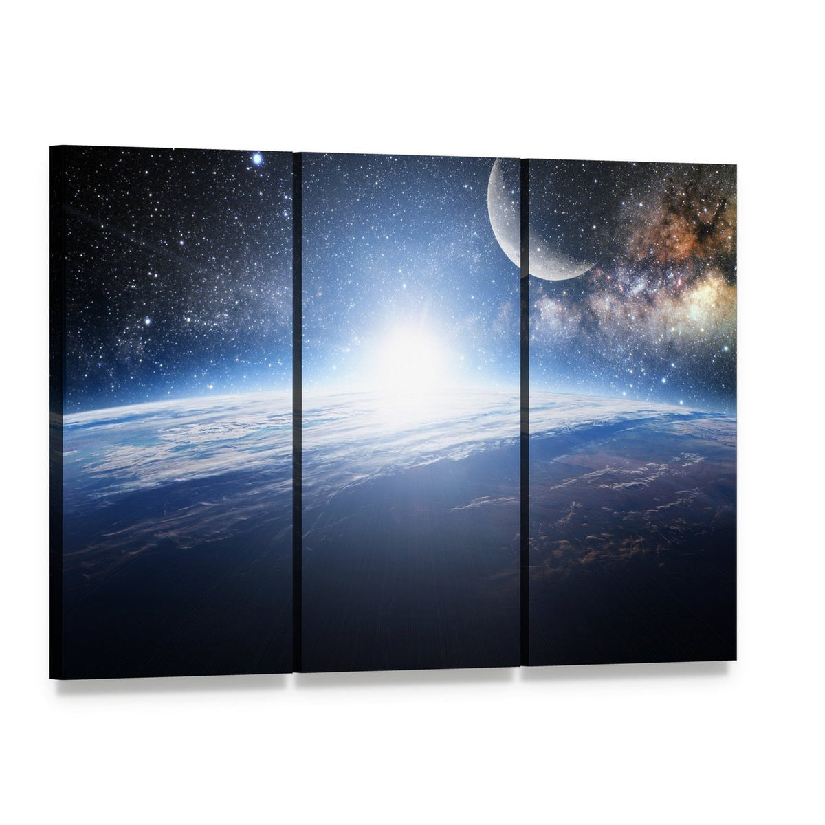 Sunrise Over Earth with Moon and Galaxy Canvas Wall Art, 3 panel 3 Horizontal layout gallery wrapped canvas set, angled product view