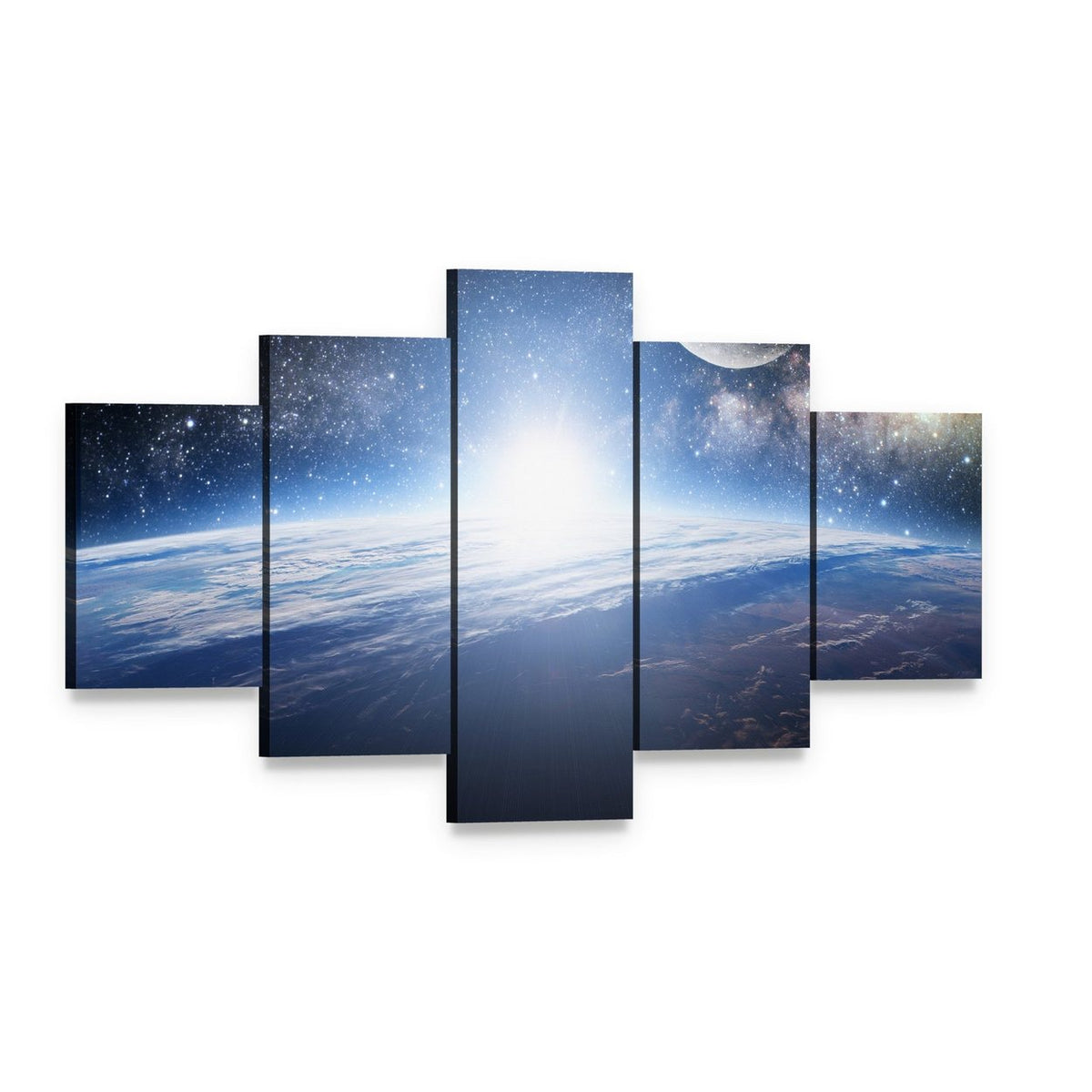 Sunrise Over Earth with Moon and Galaxy Canvas Wall Art, 5 panel 5 Star layout gallery wrapped canvas set, angled product view
