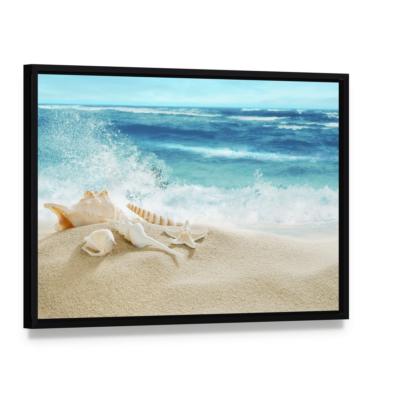 Tropical Beach & Splashing Waves Canvas Wall Art, framed canvas in a black floater frame, angled product view