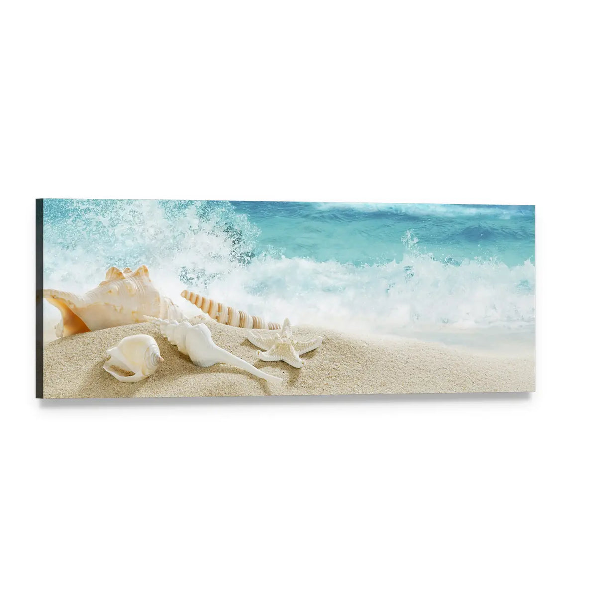 Tropical Beach with Seashells and Splashing Waves Panoramic Canvas Wall Art, single panel gallery wrapped canvas, angled product view