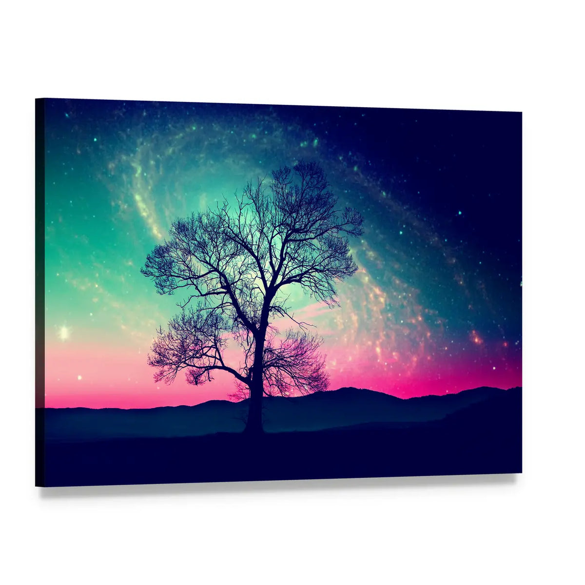 Andromeda Galaxy Over Earth Canvas Wall Art, single panel gallery wrapped canvas, angled product view