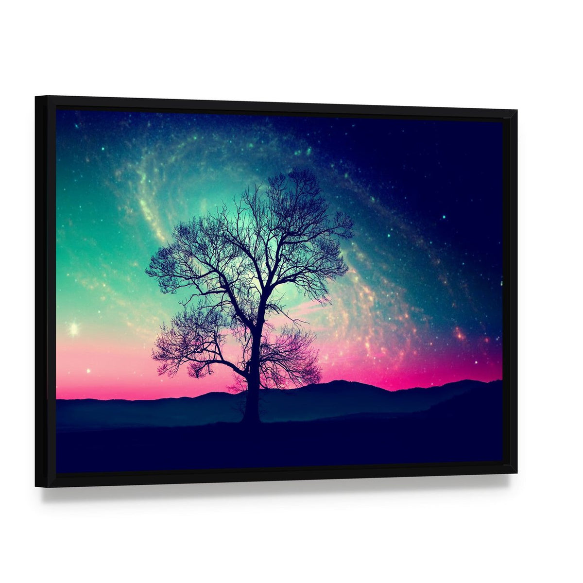 Andromeda Galaxy Over Earth Canvas Wall Art, framed canvas in a black floater frame, angled product view
